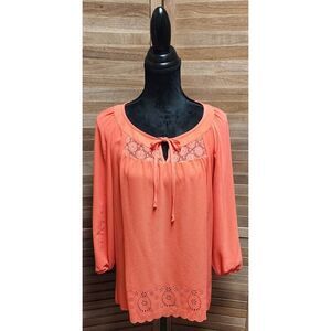 Valerie Stevens Women’s Peach 3/4 Sleeve Knit Blouse Size XL Embroidered Top
